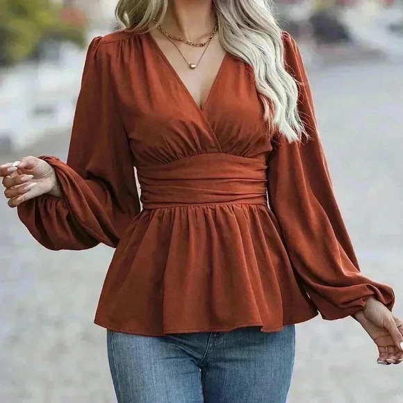 Tops - Rust Brown Elegant Women's Wrap Neckline Lantern Sleeve Blouse With Ruffle Hem